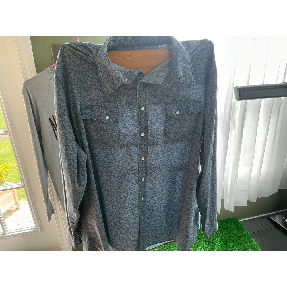 Wrangler Wrancher Mens 2XL Blue Paisley Western Pearl Snap Long Sleeve Shirt